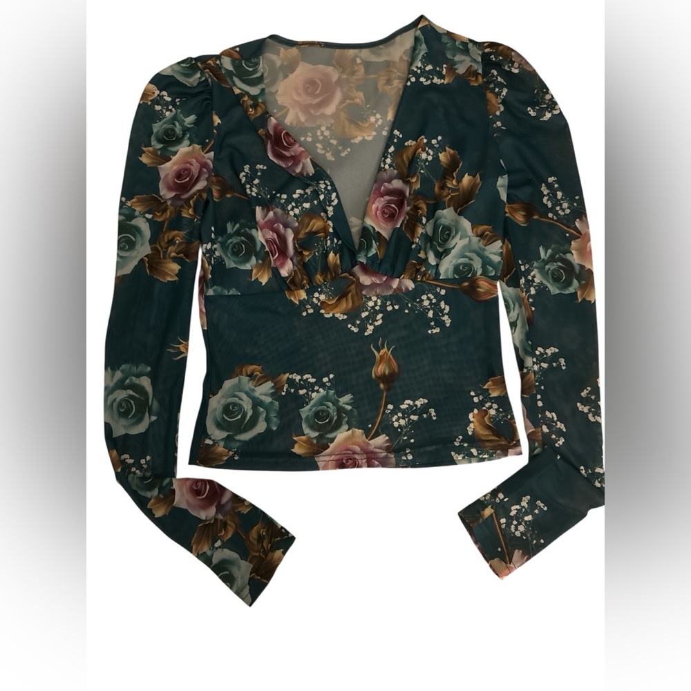 Floral sheet Long Sleeve Top in Teal Green